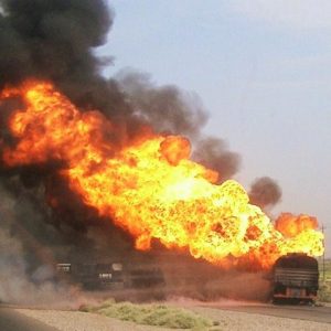 10. Fuel truck aflame after being struck by IED outside base.