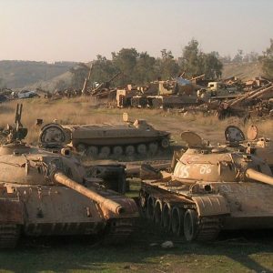 Russian-built Iraqi tanks and other military equipment captured near Mosul during the early phase of the Iraq War.